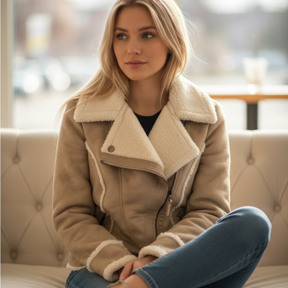 Guess Cream and Tan Teddy Jacket
